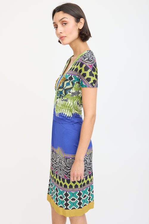 Etro Blue 
Multicolour Printed Ruched Midi Dress