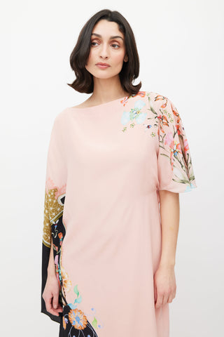 Etro Pink 
Multicolour Ruffled Asymmetrical Floral Dress