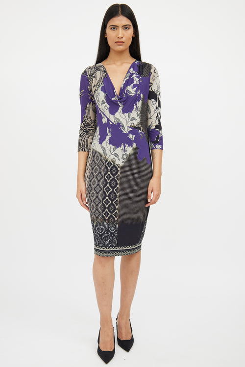 Etro Purple 
Black Print Cowl Neck Dress