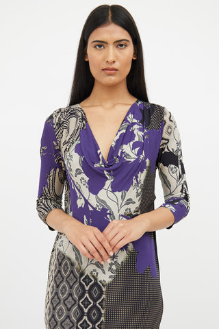 Etro Purple 
Black Print Cowl Neck Dress