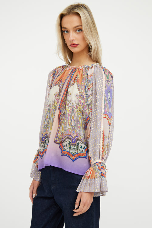 Purple 
Gold Paisley Ruffle Blouse Etro