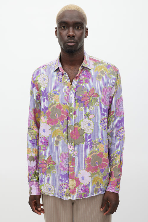 Etro Purple 
Multicolour Linen Floral Polka Dot Shirt