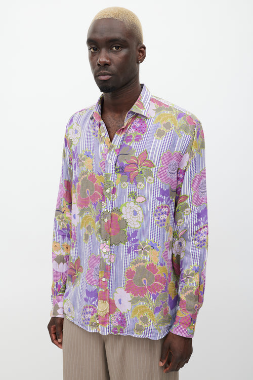 Etro Purple 
Multicolour Linen Floral Polka Dot Shirt