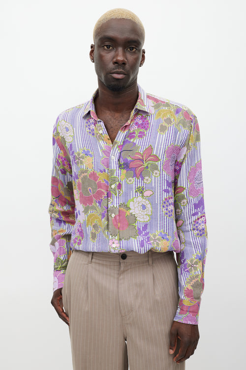 Etro Purple 
Multicolour Linen Floral Polka Dot Shirt