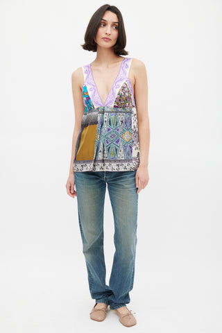 Etro Purple 
Multicolour Silk Mixed Printed V-Neck Top