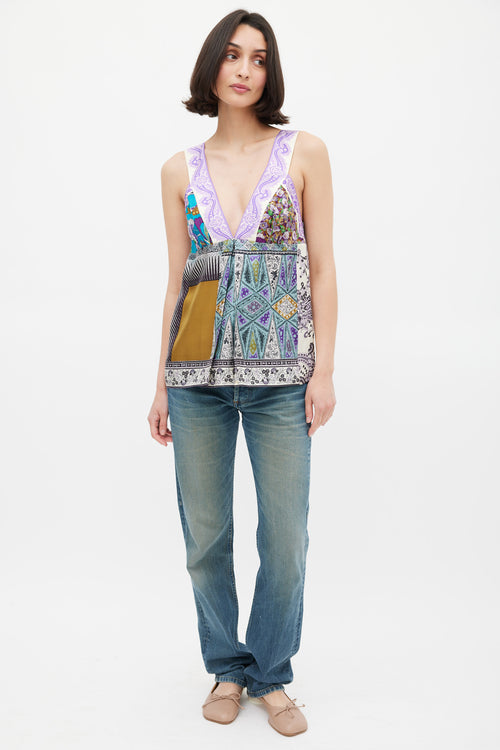 Etro Purple 
Multicolour Silk Mixed Printed V-Neck Top