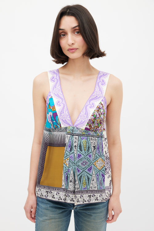 Etro Purple 
Multicolour Silk Mixed Printed V-Neck Top