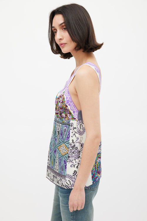 Etro Purple 
Multicolour Silk Mixed Printed V-Neck Top