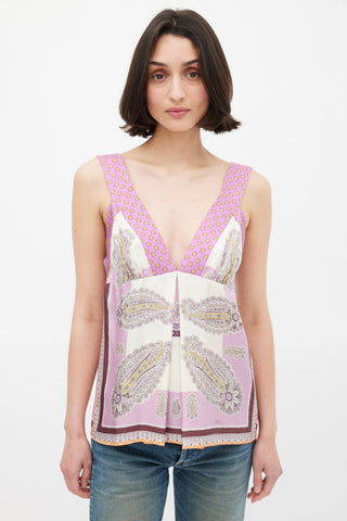 Etro Purple 
Multicolour Silk Paisley V-Neck Top