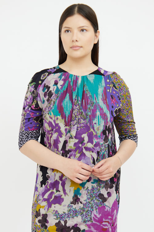 Etro Purple 
Multi Printed 3/4 Sleeve Dress