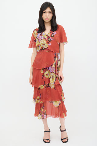 Etro Red 
Multicolour Silk Floral Tiered Dress