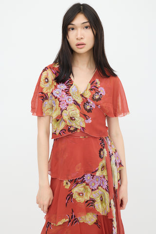 Etro Red 
Multicolour Silk Floral Tiered Dress