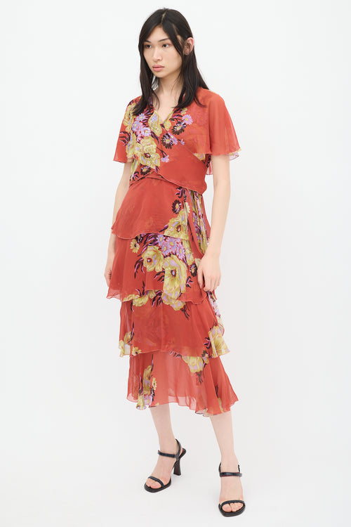 Etro Red 
Multicolour Silk Floral Tiered Dress