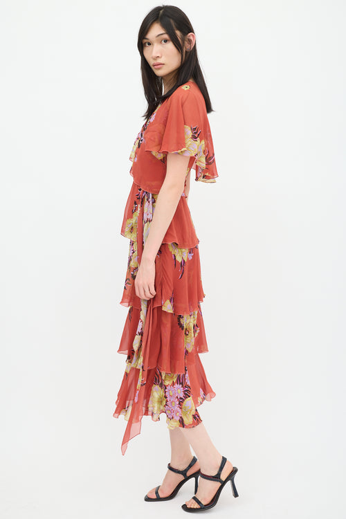 Etro Red 
Multicolour Silk Floral Tiered Dress