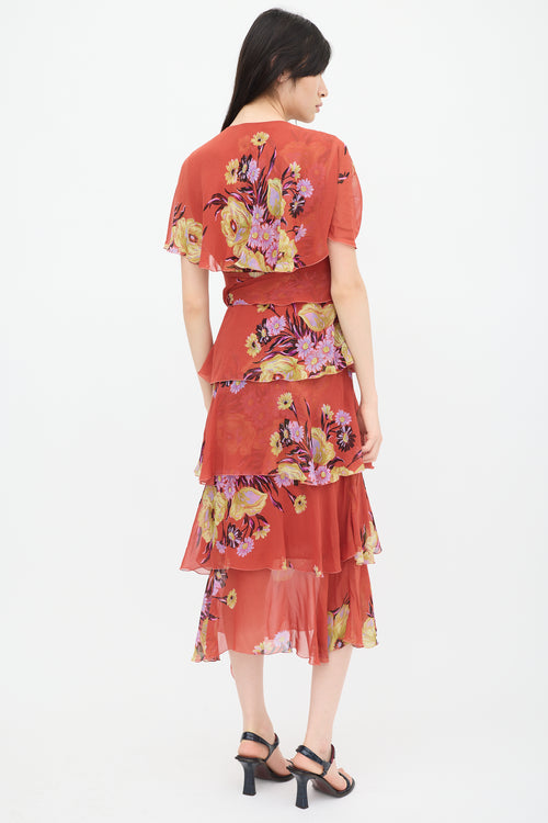 Etro Red 
Multicolour Silk Floral Tiered Dress