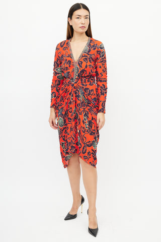 Etro Red 
Navy Floral Chainmail Dress