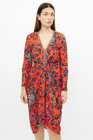 Etro Red 
Navy Floral Chainmail Dress