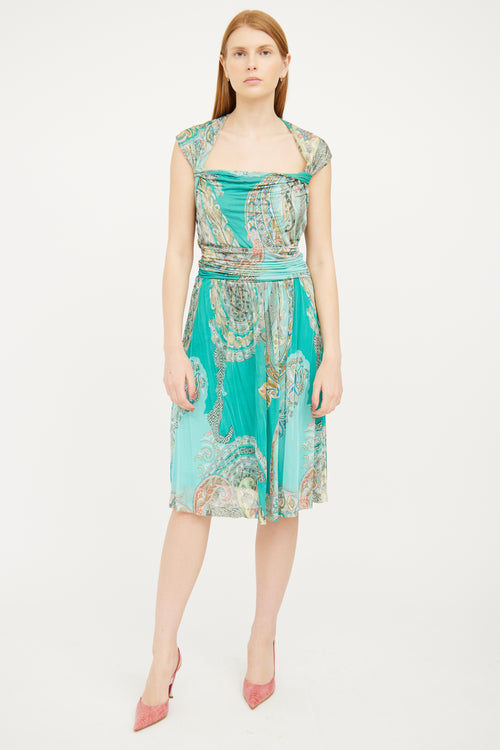 Etro Green Paisley Ruched Dress