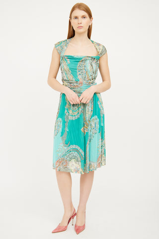 Etro Green Paisley Ruched Dress