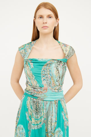 Etro Green Paisley Ruched Dress