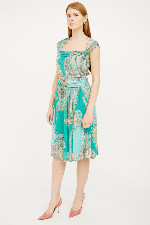 Etro Green Paisley Ruched Dress