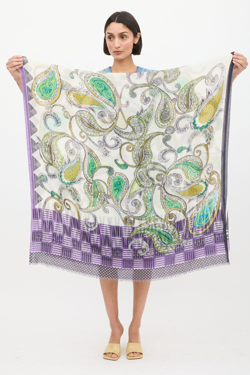 Etro White 
Multicolour Paisley Fringe Scarf