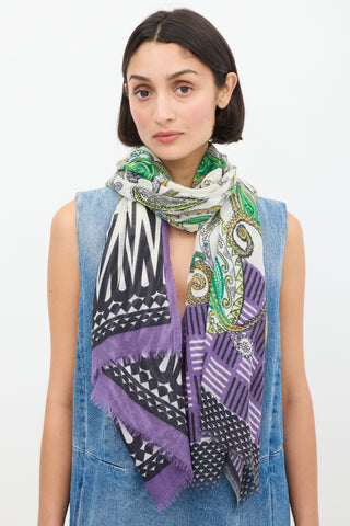 Etro White 
Multicolour Paisley Fringe Scarf