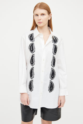 Etro White 
Black Embellished Button Long Sleeve Top