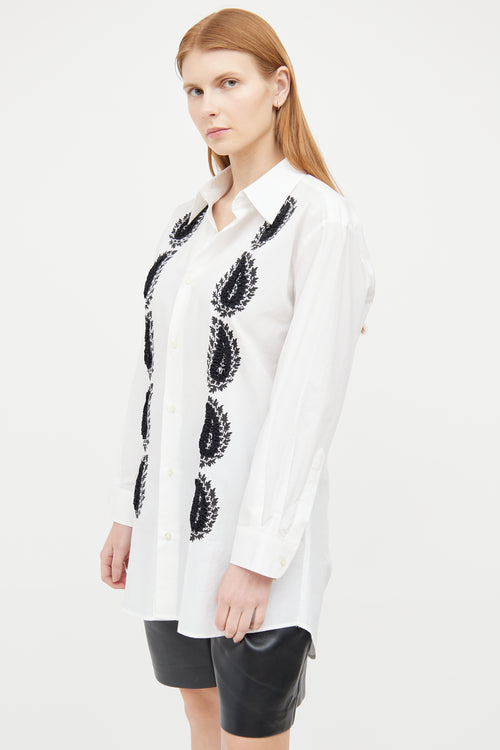 Etro White 
Black Embellished Button Long Sleeve Top