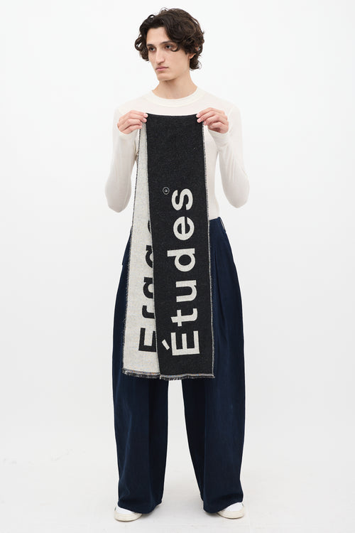 Études Black 
Grey Cotton 
Wool Logo Fringe Scarf