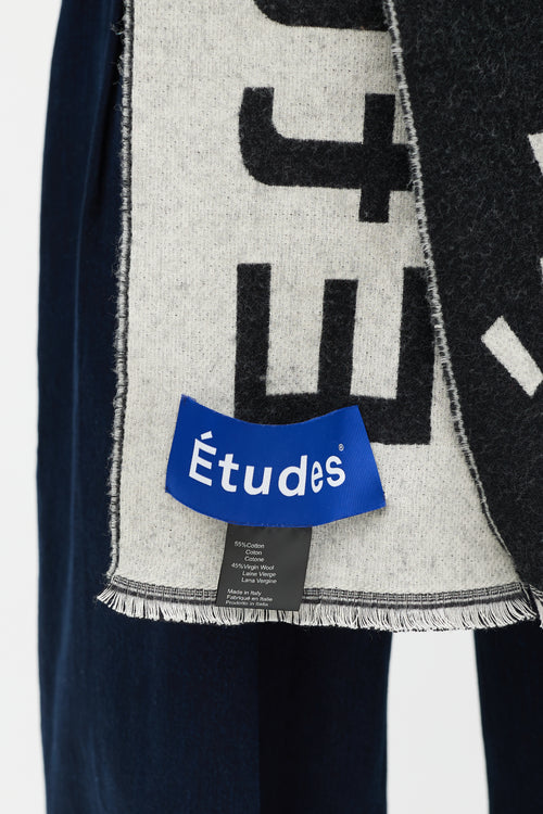 Études Black 
Grey Cotton 
Wool Logo Fringe Scarf