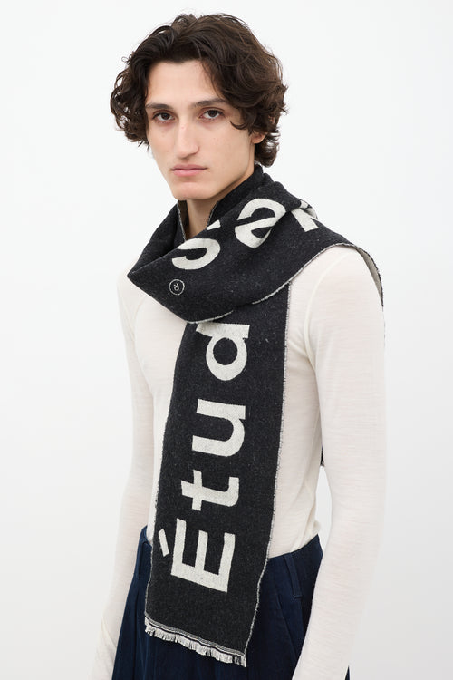 Études Black 
Grey Cotton 
Wool Logo Fringe Scarf