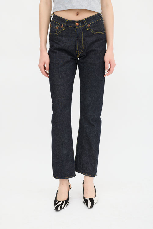 Evisu Dark Wash Patched Straight Leg Jeans