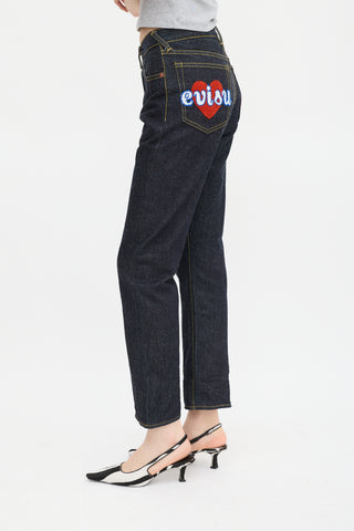 Evisu Dark Wash Patched Straight Leg Jeans