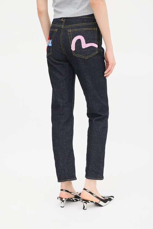 Evisu Dark Wash Patched Straight Leg Jeans