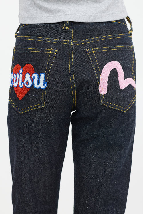 Evisu Dark Wash Patched Straight Leg Jeans