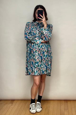 Blue 
Multicolour Plissé Floral Shirt Dress