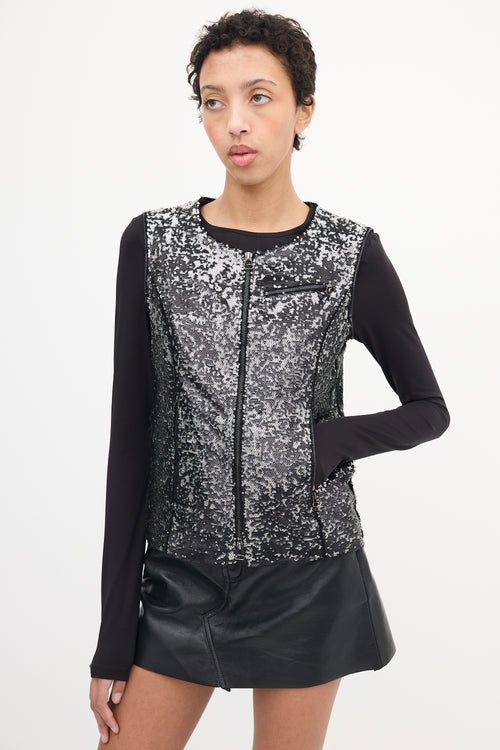 Faith Connexion Black 
Silver Sequin Detachable Sleeve Jacket