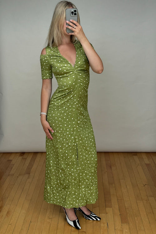 Green 
White Crinkled Satin Polka Dot Dress