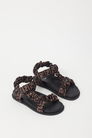 Fendi Black 
Brown Satin Zucca Monogram Feel Sandal