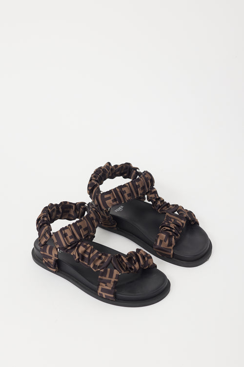 Fendi Black 
Brown Satin Zucca Monogram Feel Sandal