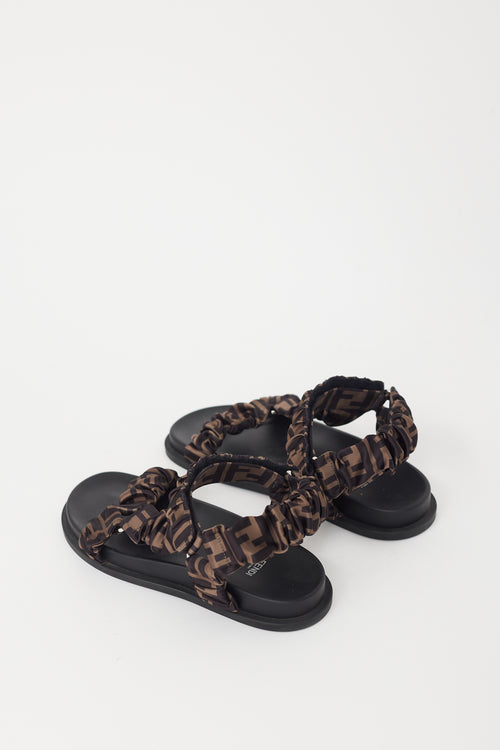 Fendi Black 
Brown Satin Zucca Monogram Feel Sandal