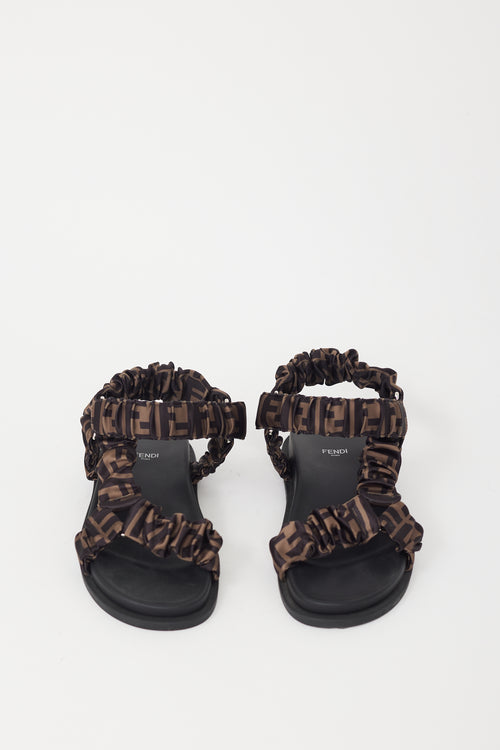 Fendi Black 
Brown Satin Zucca Monogram Feel Sandal