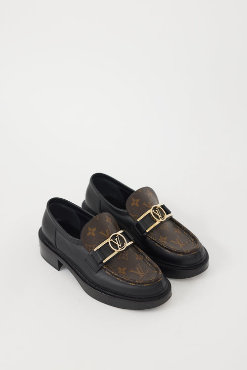 Louis Vuitton Black 
Brown Leather Academy Monogram Loafer