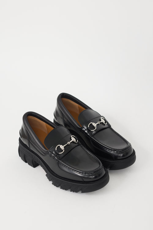 Gucci Black 
Silver Leather Romance Platform Loafer