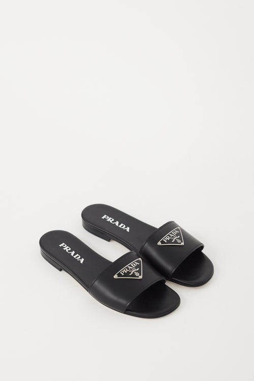 Prada Black 
Silver Leather Logo Sandal