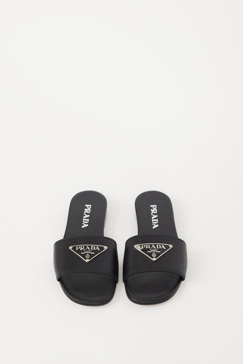 Prada Black 
Silver Leather Logo Sandal