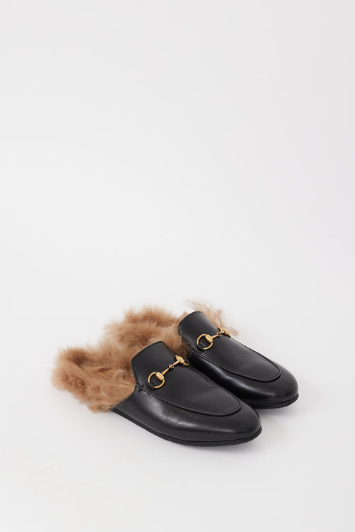 Gucci Black Leather 
Fur Princetown Mule