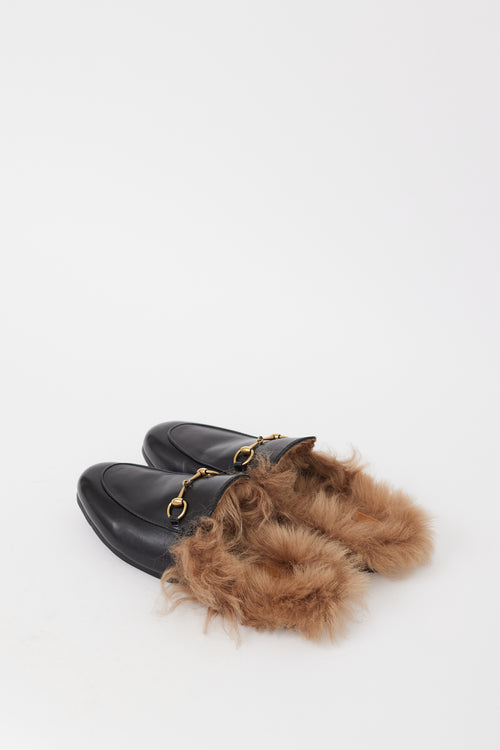 Gucci Black Leather 
Fur Princetown Mule