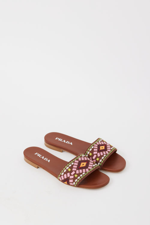 Prada Brown 
Multicolour Embroidered Leather Sandal